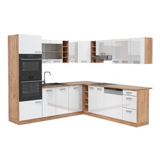 Vicco Cocina Esquinera R-line, Blanco Brillo Intenso/roble Dorado, 237 X 247 Cm, Et Roble