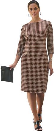 Jessica London Stretch Cotton Boatneck Shift Dress in Creamy Mocha Houndstooth at Nordstrom, Size 16
