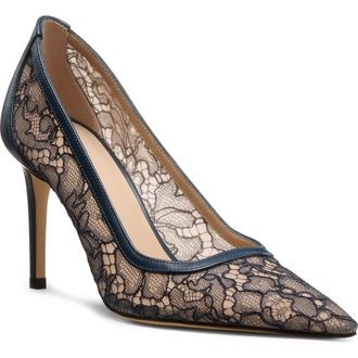 Stuart Weitzman Stuart Power 85 Lace Pointed Toe Pump in Deep Sea Blue/Beige at Nordstrom, Size 7.5
