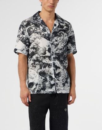 Philipp Plein Linen Bowling Shirt All-Over Ceramic Men in Black at Nordstrom, Size X-Large