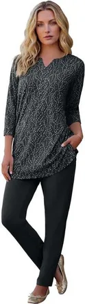 Roaman's Plus Size Three Quarter Sleeve Notch Neck Soft Knit Tunic in Black Dot Swirl at Nordstrom, Size 44