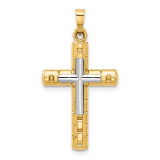 Diamond2Deal 14k Two-tone Gold Textured and Polished Hollow Latin Cross Pendant
