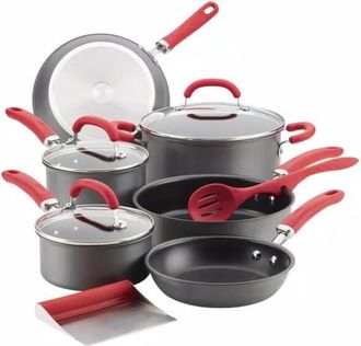 Rachael Ray Create Delicious Hard-Anodized Aluminum Nonstick Cookware Induction Pots and Pans Set, 11-Piece, Red