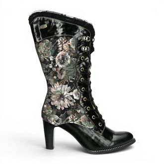 Laura Vita Laura Vita Floral Goth Victoriaanse Zwarte Leren Hoge Laarzen met Hoge Hakken - Alcbane-351