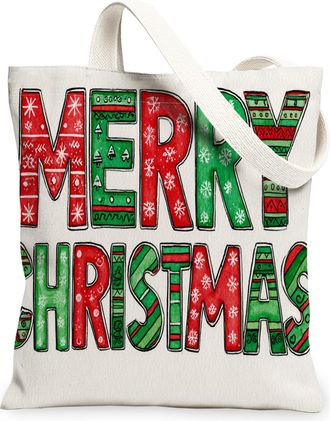 Generic Holiday Canvas Tote Bags, Merry Lettering Pattern Reusable Grocery Bags, Winter Vintage Lightweight Washable Shoulder Strap, White, 13x15 Inch