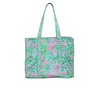 Generic Cotton Quilted Tote Bag for Women, Lightweight Shoulder Shopper with Tropical Palm Print, Reusable Fabric Shopping & Beach Bag, Large Capacity
