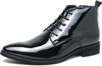 Generic Mens Pointed Toe Ankle Boots Faux Patent Leather Lace Up Zip Party Shoes for Men (Black,8.5)