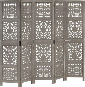 vidaXL Biombo 5 Paneles Tallado A Mano Madera De Mango Gris 200x165 Cm Vidaxl