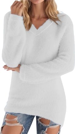 Generic Womens Jumpers Long Sleeve V Neck Sweatshirts Knit Jumper Fall Oversized Loose Fit Pullover Tops Lightweight Soft Casual Sweater Fleece Winter Warm Bl