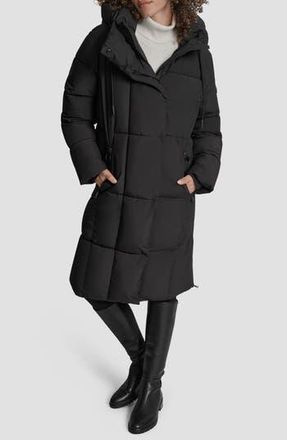 DKNY Box Quilted Longline Puffer Coat in Black at Nordstrom Rack, Size Large