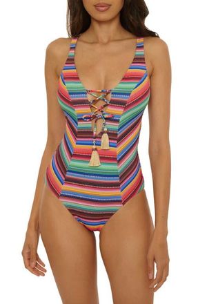BECCA by Rebecca Virtue Vallarta Stripe Tassel Seersucker One-Piece Swimsuit in Pink Multi at Nordstrom, Size Medium