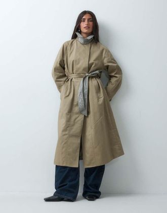Asos trench lungo con dettaglio mantella e fodera a quadri in rye-Neutro