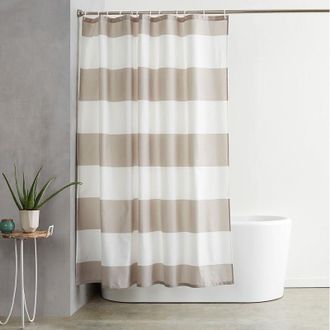 OEM Cortina De Ducha De Tela Estampada Hidr&oacute;fuga Con Ojales Met&aacute;licos Y Ganchos De Pl&aacute;stico Blanco, 183 X 183 Cm, Rayas Grises