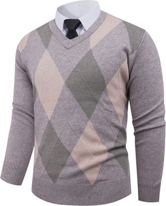 Generic Mens Check Knit Jumper Classic V-Neck Knitted Argyle Sweater Warm Casual Long Sleeve Jumpers Comfort Men Checked Pullover Thick Work Wear for Gentlema