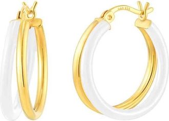 Gold & Honey Womens Enamel Double Hoop Earrings In White