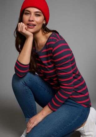 AJC Langarmshirt AJC, Damen, Gr. 32/34 (XS), bunt (marine, rot, gestreift), Single Jersey, Obermaterial: 100% Baumwolle, gestreift, figurbetont, Rundhals,