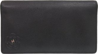Chanel Camellia Black Leather Long Wallet (Bi-Fold) (Pre-Owned)