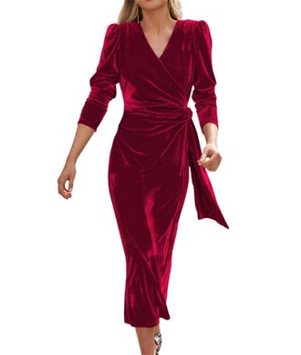 Generic Womens V Neck Wrap Velvet Dress Elegant Long Sleeve Waist Ruched Party Midi Dress Fall Wedding Guest Dresses (Red,XL)