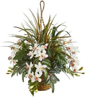 Nearly Natural 29-in Cymbidium Orchid and Mixed Greens Artificial Plant Hanging Basket in White at Nordstrom