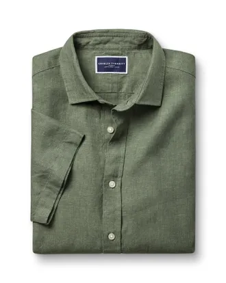 CHARLES TYRWHITT Short Sleeve Pure Linen Shirt - Olive Green Size Large by Charles Tyrwhitt