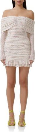 AFRM Fay Off the Shoulder Long Sleeve Mesh Minidress in Coral Micro Dot at Nordstrom Rack, Size X-Small