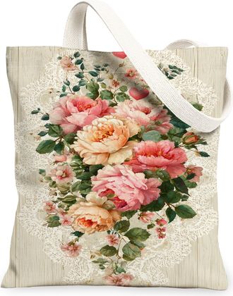 Generic Floral Canvas Tote Bags, Vintage Flower Design Reusable Grocery Bags, Elegant Lightweight Washable Shoulder Strap Canvas Fo, Peach, 13x15 Inch
