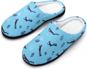 Generic Scuba Diving Pattern Mens House Slippers Memory Foam Washable Cotton Slip on Home Shoes