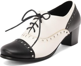 Generic Womens Two-Tone Lace-Up Block Heel Oxfords Cap Toe Stud Detail Round Toe Smooth Upper Adjustable Laces Padded Insole Stable Durable Shoes,Black White,