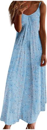 Generic Women Strappy Summer Dress Casual Bohemian Maxi Dresses Vintage Floral Print Flowy Beach Holiday Dresses V Neck Sleeveless Summer Boho Long Sundress L