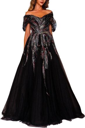 Terani Couture Off Shoulder Embellished Maxi Dress