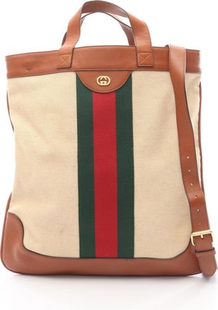 Gucci Beige Brown Canvas Leather Tote Bag (Pre-Owned)