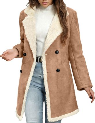 Generic Womens Coats Faux Fur Suede Jackets Womens Thermal Sherpa Fleece Lined Jacket Elegant Lapel Long Peacoats Ladies Warm Plush Overcoat Leather Bomber Ja