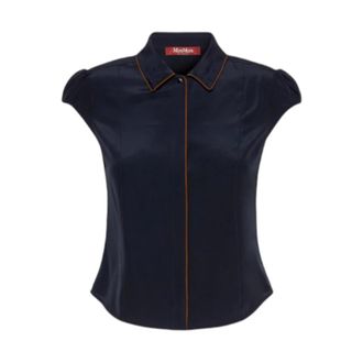 Max Mara Camicia anni 40 in seta con piping - Dames - Blouses & Shirts - Blauw - Maat: M Zijde