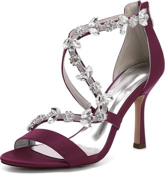 Generic Womens High Heel Sandals Open Toe Satin Crystal Stiletto Wedding Shoes for Bride Formal Prom Party Dress Shoes Pump 9.5Cm,Burgundy,10 UK