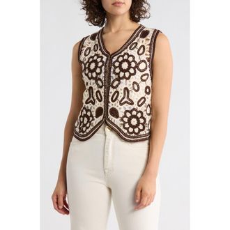 Forgotten Grace Floral Embroidered Open Knit Button Tank in Natural/Dark Brown at Nordstrom Rack, Size X-Large