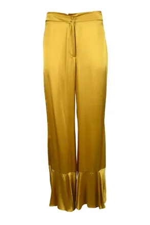 L'autre Chose Yellow Silk Trousers with Flared Ruffle Hem