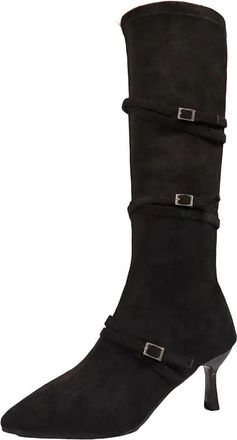 Generic Womens Stretch Fabric High Boots Round Toe Buckle Detail Dress Boots