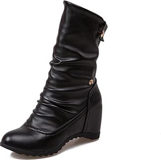 Generic Womens Mid-Calf Boots With Wedge Heel Ruched Design Side Zipper Round Closed Toe Metal Button Accents Soft Inner Lining Durable Non-Slip Outsole,Black