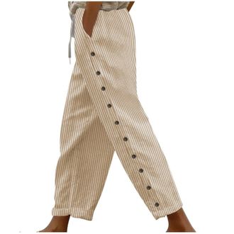 Generic Beige Cotton Linen Trousers for Women Casual Solid Plain Elastic Waist Wide Leg Palazzo Lounge Pants Summer Loose with Pockets Happy Vacation Outfits 