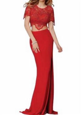 Jovani 2 Piece Lace Top With Skirt In Red