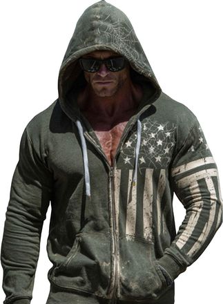 Generic Hoodies for Men Zip Up Hooded Full Zipper Jackets Vintage USA American Flag Clothes Long Sleeve Tops with Pocket 2025 Sudaderas Hombre(Green, XXXXXL)