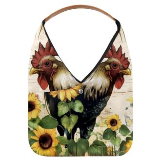 Generic Rooster Sunflower Wooden Board Painting Reusable Lightweight Grocery Bags - Foldable Into Compact Pouch, Washable & Sturdy, Multipurpose for Shopping 