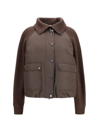 Brunello Cucinelli Womens Down Jacket With Wool Sleeves Brown Outer: Polyester Puffer