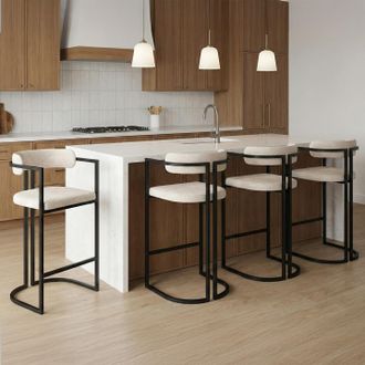 IDMarket Lote De 4 Taburetes De Bar Rondy De Tela De Chenilla Color Crudo Con Brazos Y Patas De Metal Negro