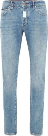 Philipp Plein Slim Fit Jeans, male, Blue, W30, Washed Denim Jeans with Logo Patch