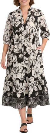 London Times Floral Tiered A-Line Midi Dress in Black/Ivory at Nordstrom Rack, Size 2 X