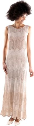 Akep Lange Gebreide Jurk met Zig-Zag Lurex - Dames - Kleedjes - Beige - S - Polyester - Kleedjes