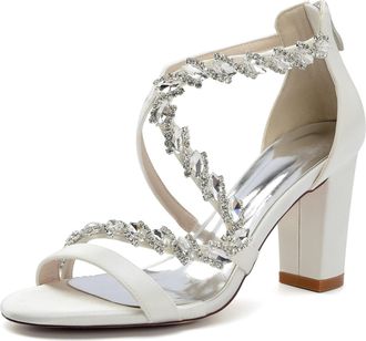 Generic Womens Open Toe Block Heel Sandals Bridal Crystal Wedding Dress Shoes Ankle Strap Prom Party Wedding Pump Sandals 8.5Cm,Ivory,10 UK