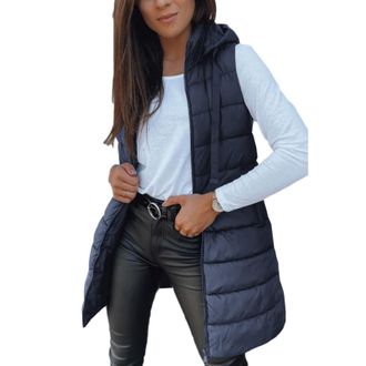 Generic Women Long Puffer Vest,Ladies Hooded Gilet,Down Body Padded Vest with Pockets,Warm Autumn Winter Outerwear with Pockets (Navy,M)
