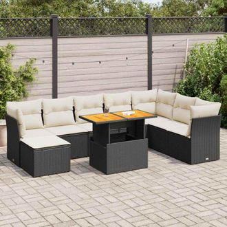 vidaXL Set De Sof&aacute;s De Jard&iacute;n Con Cojines 9 Pzas Rat&aacute;n Sint&eacute;tico Negro Vidaxl